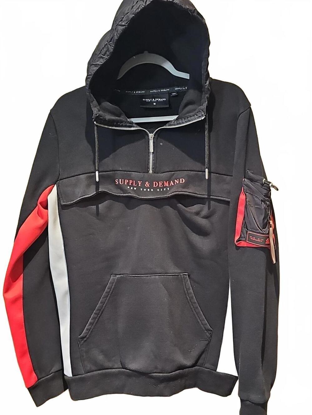Supply & Demand Stealth Hoodie Men M Black Red White Cotton Logo Lined Half Zip